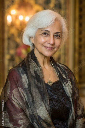 Senior south asian woman wearing headscarf looking at camera