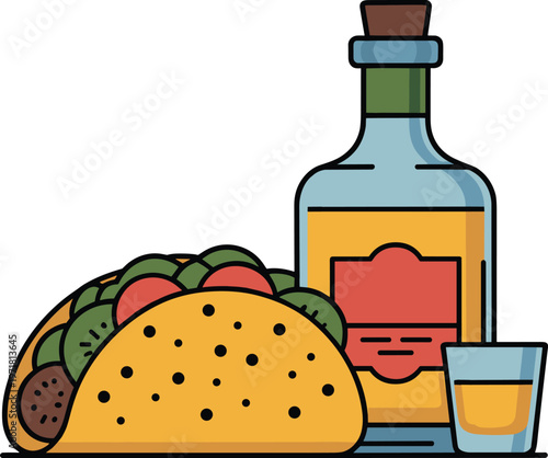 Mexican taco served with tequila bottle and shot glass illustration