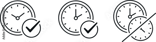 Time Approval and Restriction Icon Set Featuring Clock with Checkmark and Blocked Time Symbol for Scheduling, Deadlines, and Productivity Management Design
