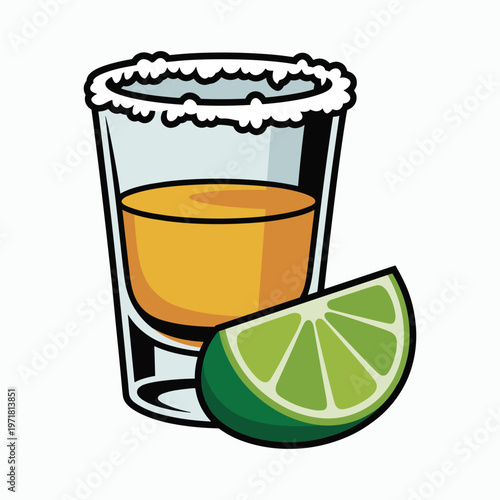 Tequila shot glass with salted rim and fresh lime wedge for celebration and cocktails
