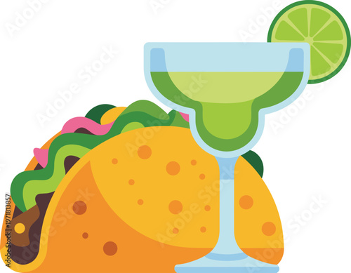 Traditional mexican taco served with a zesty margarita and lime garnish flat illustration