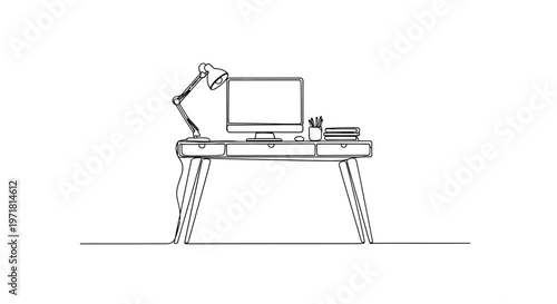 Minimalist Desk Setup: Computer, Lamp, and Notebooks - Clean Line Art