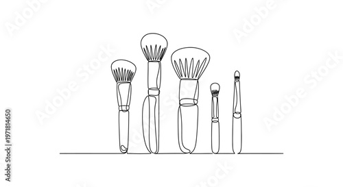 Minimalist Line Art Drawing of Makeup Brushes Set on White Background