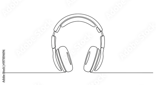 Minimalist Single Line Drawing of Headphones on White Background