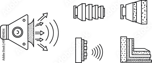 Vector Icons of Sound Absorbing Materials, Acoustic Insulation, and Noise Dampening Solutions for Soundproofing and Vibration Control