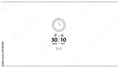 Fitness Timer Interface: 30s Work, 10s Rest, Circular Progress, Play/Pause Icons