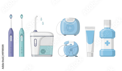 Complete oral hygiene vector collection with electric toothbrush water flosser and dental care tools