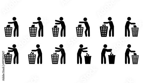 Trash disposal stick figure icon set with person throwing garbage into bin waste management symbol vector