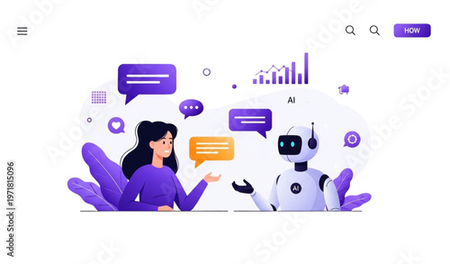 Modern AI communication illustration with woman and robot chatting using digital interface bubbles