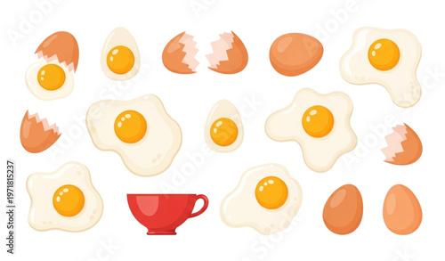 Colorful egg illustration set with raw cracked fried and cooked eggs for food design