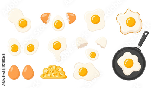 Egg cooking stages vector set with raw boiled fried scrambled and sunny side up eggs