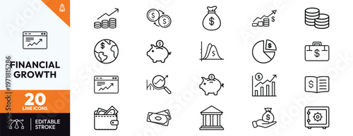 Set of financial growth icons featuring money bags bar charts piggy banks and investment graphs for business success planning and wealth management in a clean minimalist black line style