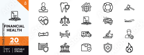 Set of 20 professional thin line icons for financial health insurance medical protection and legal services including healthcare life and property coverage concepts for web and app design