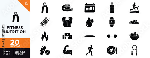 Comprehensive set of twenty fitness and nutrition icons featuring gym equipment healthy food supplements and workout tracking tools for sports and wellness graphic design projects.