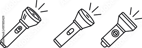 Vector Icons of Flashlights with Light Beams for Illumination, Emergency, and Searchlight Applications
