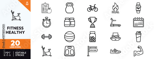 Comprehensive collection of fitness and healthy lifestyle line icons featuring gym equipment workout tools nutrition supplements weight loss trackers and athletic gear for wellness designs