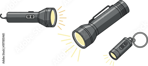 Vector Icons of Flashlights, Keychain Light, and Handheld Torch for Illumination, Emergency, and Portable Lighting