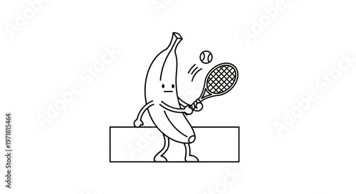 Funny Banana Character Playing Tennis with a Racket and Ball
