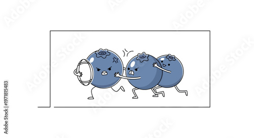 Funny blueberries running away from a fight, one holding a shield