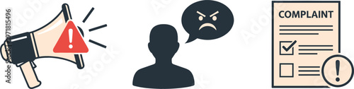 Vector Icons of Megaphone, Angry Person, and Complaint Form Representing Alerts, Communication, and Customer Feedback
