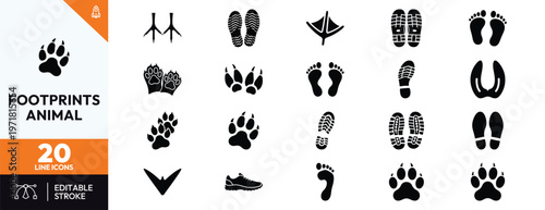 Collection of animal and human footprint icons including paw prints, bird tracks, hoof prints, bare feet, and various shoe sole patterns for design projects and educational materials