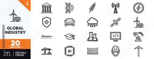 Global industry line icon set featuring renewable energy technology manufacturing biotechnology shipping healthcare education and artificial intelligence for business presentations.
