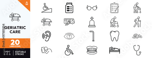 Geriatric care icons featuring elderly health services nursing home facilities medical equipment for seniors and mobility assistance for disabled people for healthcare design projects.