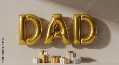 Golden DAD balloons with gift boxes, celebrating Fathers Day.