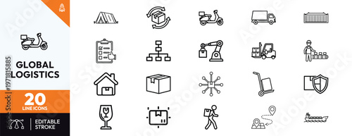 Logistics and supply chain management line icon set featuring global shipping transportation delivery services warehouse storage distribution and cargo handling symbols.