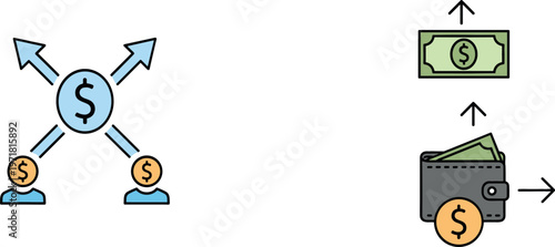 Vector Icons for Financial Transactions, Money Flow Between Individuals, Currency Exchange, Wallet, and Payment Systems