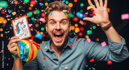 Excited man celebrating with confetti and party popper, looking at camera with joy.
