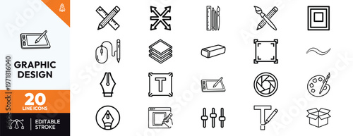 Set of professional graphic design line icons including pen tool digital tablet layers text formatting color palette and creativity symbols for web and UI design projects.