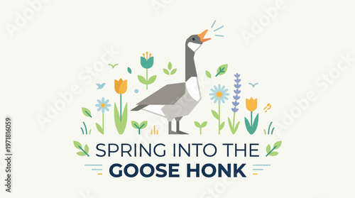 Springtime Goose Honking in a Floral Garden