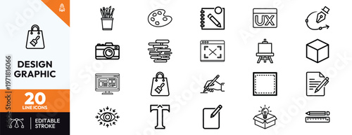 Collection of 20 professional graphic design line icons for creative studios web design branding and digital art projects including ux ui icons typography sketching tools and artistic equipment