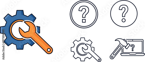 Vector Set of Gear and Wrench Icons with Question Marks for Troubleshooting, Settings, and Maintenance Applications in Websites and Apps