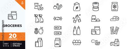 Set of twenty grocery shopping and supermarket food line icons including fruits vegetables dairy products snacks cleaning supplies and pantry essentials for retail web and mobile app design