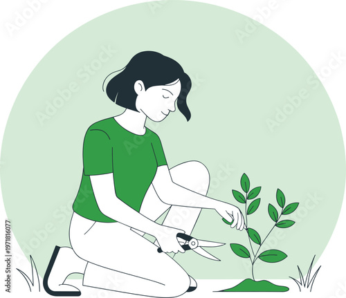 Gardener trimming plant flat vector illustration, eco gardening care concept design