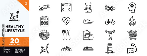 Set of 20 healthy lifestyle line icons for wellness and fitness concepts featuring exercise equipment healthy eating symbols mental health and medical care signs for professional web and app design
