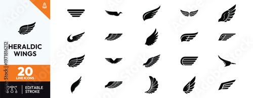 Set of twenty heraldic wing silhouettes for logo design and emblem creation including bird wings eagle wings angel wings and falcon wings for branding and tattoo art projects.
