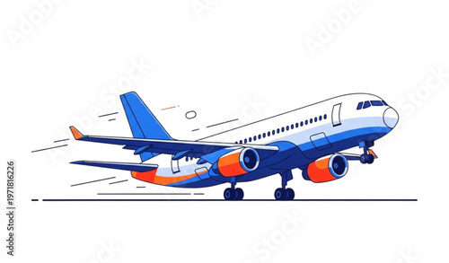 Passenger airplane takeoff vector illustration with blue orange and white aircraft on runway