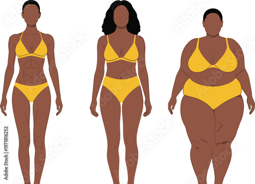 female body types illustration, diverse women figures set, different body shapes comparison, inclusive beauty concept, plus size and slim, vector
