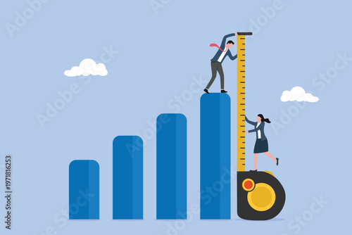 Businessman and woman help using measuring tape to measure bar graph, improvement or business growth concept, business benchmark measurement, KPI, key performance indicator to evaluate success.
