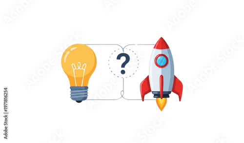 Modern startup concept illustration with idea lightbulb question mark and rocket growth symbol
