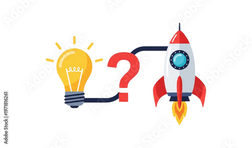 Creative business concept with lightbulb rocket and question mark representing idea to startup growth