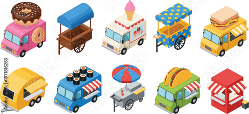 food truck collection illustration, street food vehicles set, isometric snack vans, fast food carts, colorful mobile kitchen design, vector icons