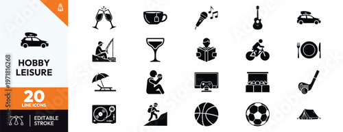 Comprehensive Collection of Hobby and Leisure Icons Featuring Diverse Activities Like Fishing Cycling Gaming Traveling Eating Reading and Sports Silhouettes for Lifestyle App Design