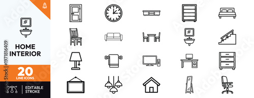 Home interior design line icon set featuring furniture, decor, and household appliances. Symbols for living room, bedroom, bathroom, and office layouts in a minimal outline style.