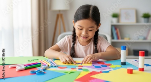 Happy Asian little girl making crafts with colorful paper at home.