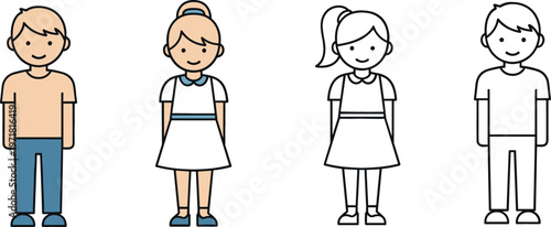 Children Avatar Character Set Featuring Boy and Girl Figures in Flat and Outline Styles for Education, School, Kids Profile, and Cartoon Design