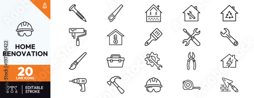 Professional collection of minimalist line icons for home renovation and construction projects including tools like hammer, drill, wrench, and safety gear for building maintenance.